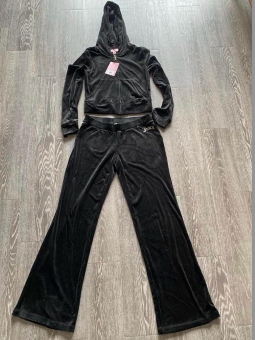 Juicy Couture Black Velour Track Jacket and Wide-Leg Joggers